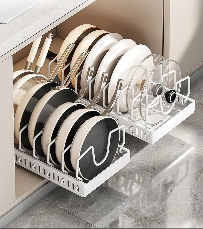 Pots and Pans Organizer Under Cabinet,Sliding Pot Lid Holder and Pan Rack Kitchen,Pull out Pot and Pan Organizer,Dishes Storage