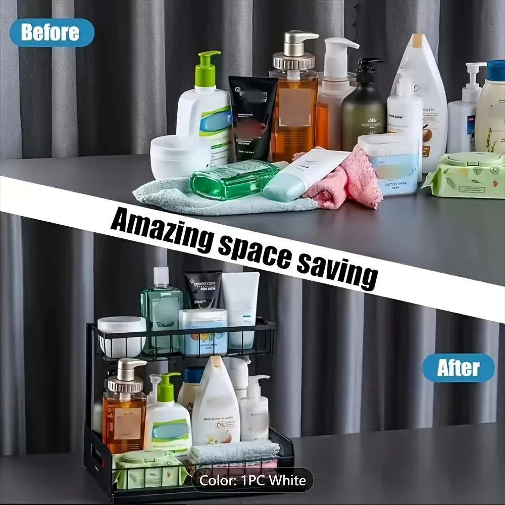 Under Sink Kitchen Storage Rack Set - Sliding Metal Drawer Organizer for Bathroom, Pantry, and Cabinets  Essential for Home Use