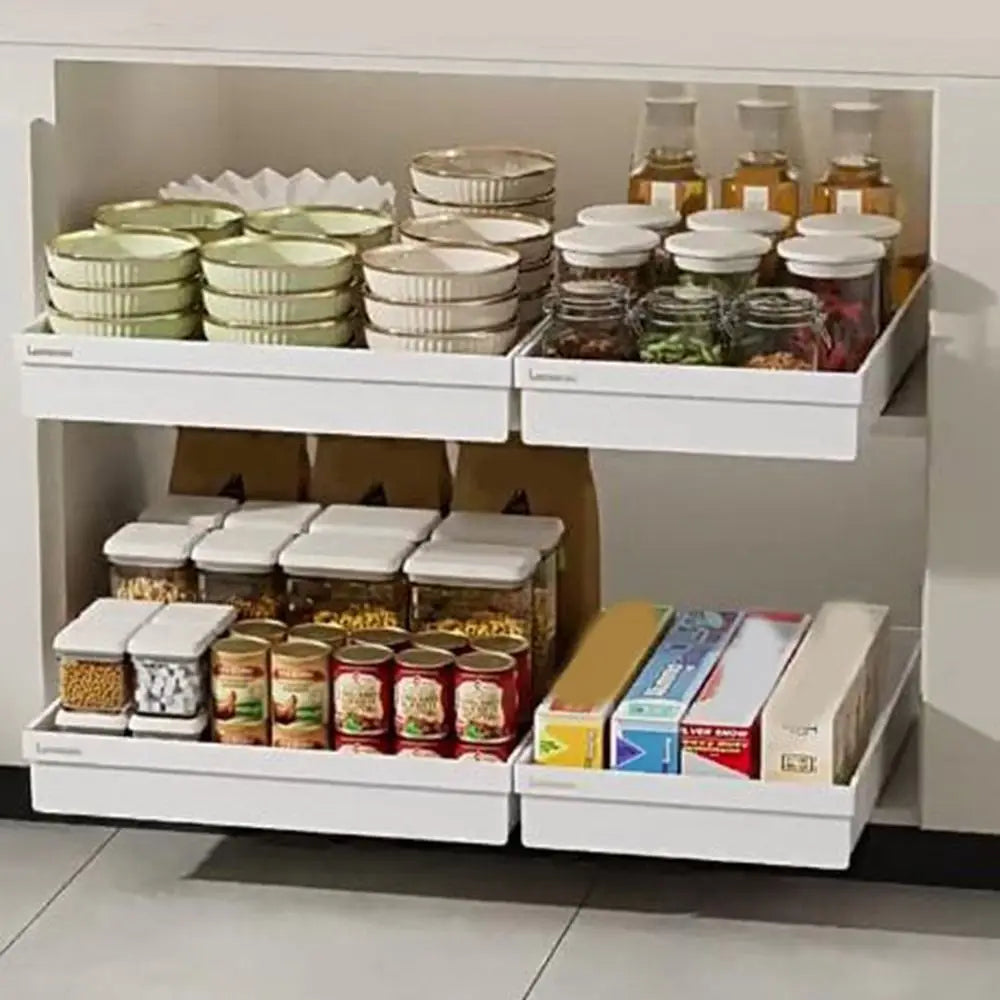 Pull-out Kitchen Storage Rack Large Capacity Plastic Spice Box Storage Rack with Slide Rails Anti-slip Drawer Type Storage Tray