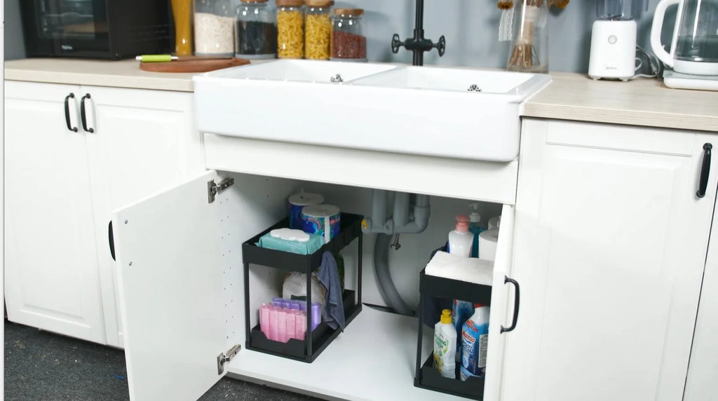 2 Tier Under Sliding Cabinet Basket Organizer Drawer with 4 Hooks, Multi-Purpose Under Sink Storage for Bathroom Kitchen Desktop