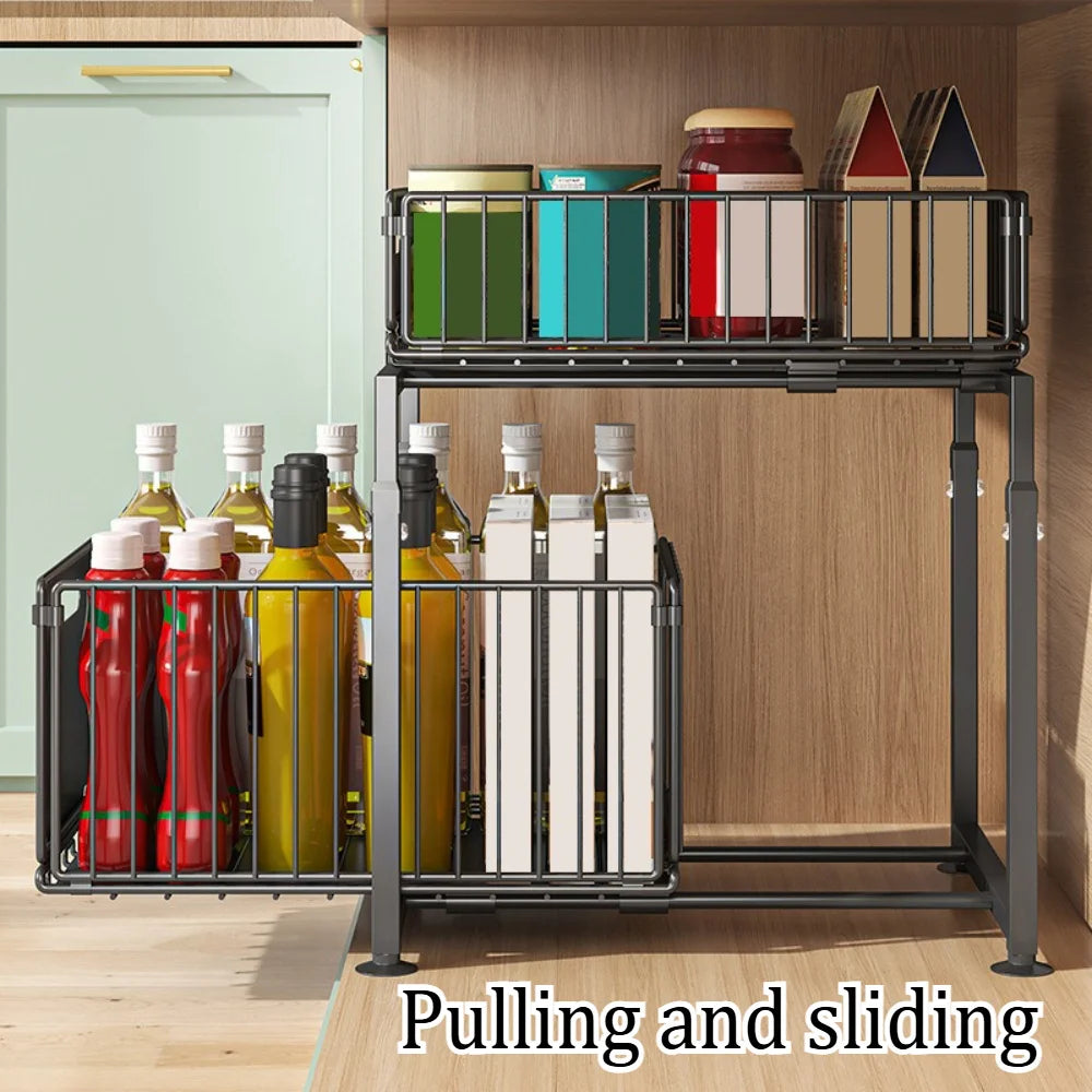 Adjustable Under-Sink Organizer - Pull-Out Spice Rack & Storage Basket | Customizable Cabinet Shelf System