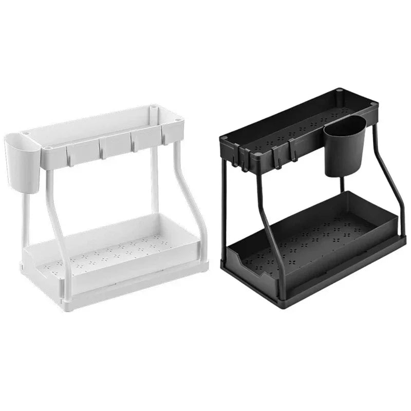 Under Sink Organizers 2 Tier Under Bathroom Cabinet Holder With Hooks & Hanging Cup, Multi-Purpose Storage Shelf For Kitchen