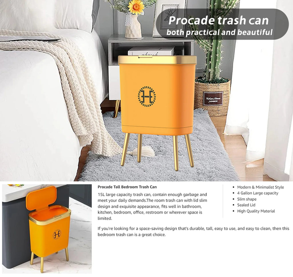 Bedroom Trash Can with Lid,Slim Bathroom Cans Lids, Dog Proof Press Top Lid,Modern Gold Plastic Waste Basket for Office,Kitchen