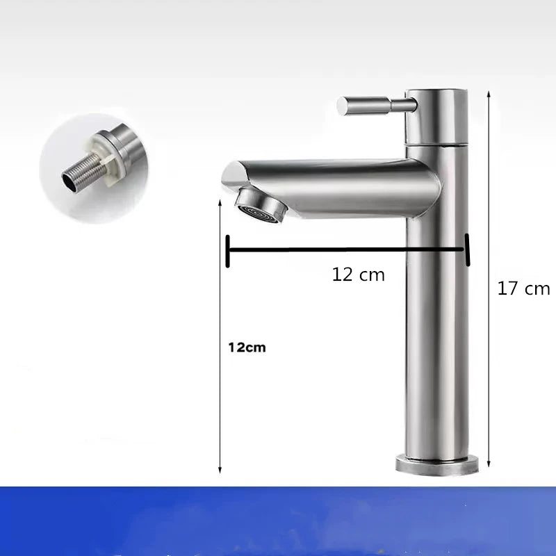 Stainless Steel Single Cold Water Tap Black Basin Fauct Silver Deck Mounted Lengthening and Raising Basin Sink Tap