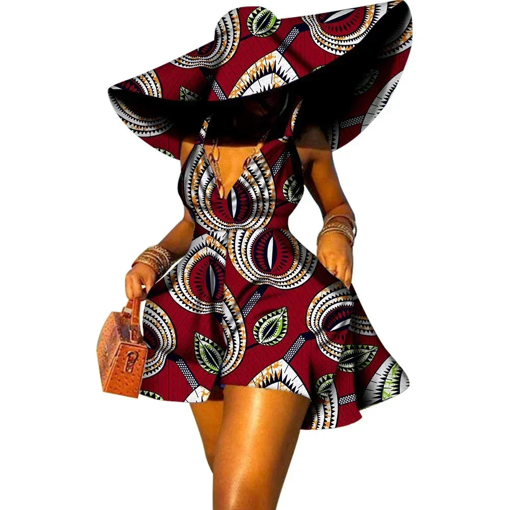 Women Summer Dress African Print Jumpsuit Sexy Sleeveless V-neck Short Pant with Hat Fashion African Clothes Lady Attire WY8844