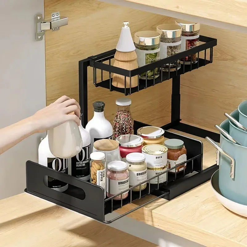 Under Sink 2 Tier Sliding Cabinet Basket Organizer Drawer Pull Out Cabinet Multi-Purpose Sink Organizer for Bathroom Kitchen