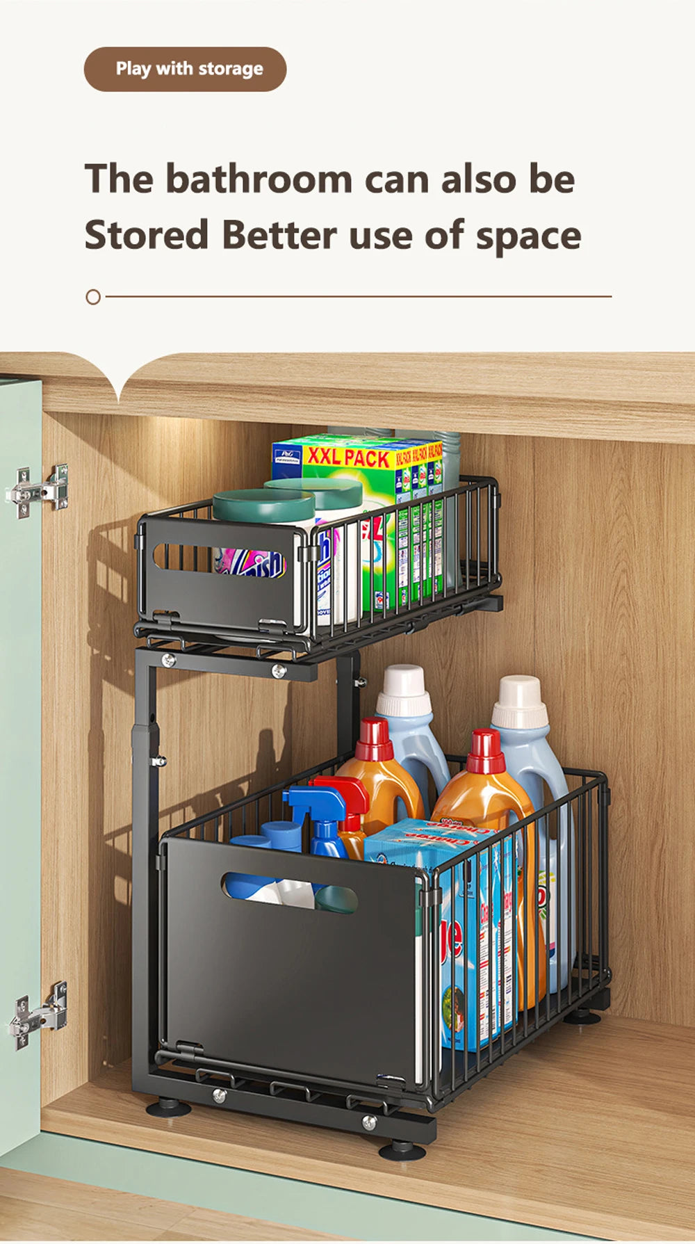 2 Tier Under Sink Organizer Adjustable Pull Out Cabinet Organizer Slide Out Kitchen Storage Racks Thickened Metal Sliding Drawer