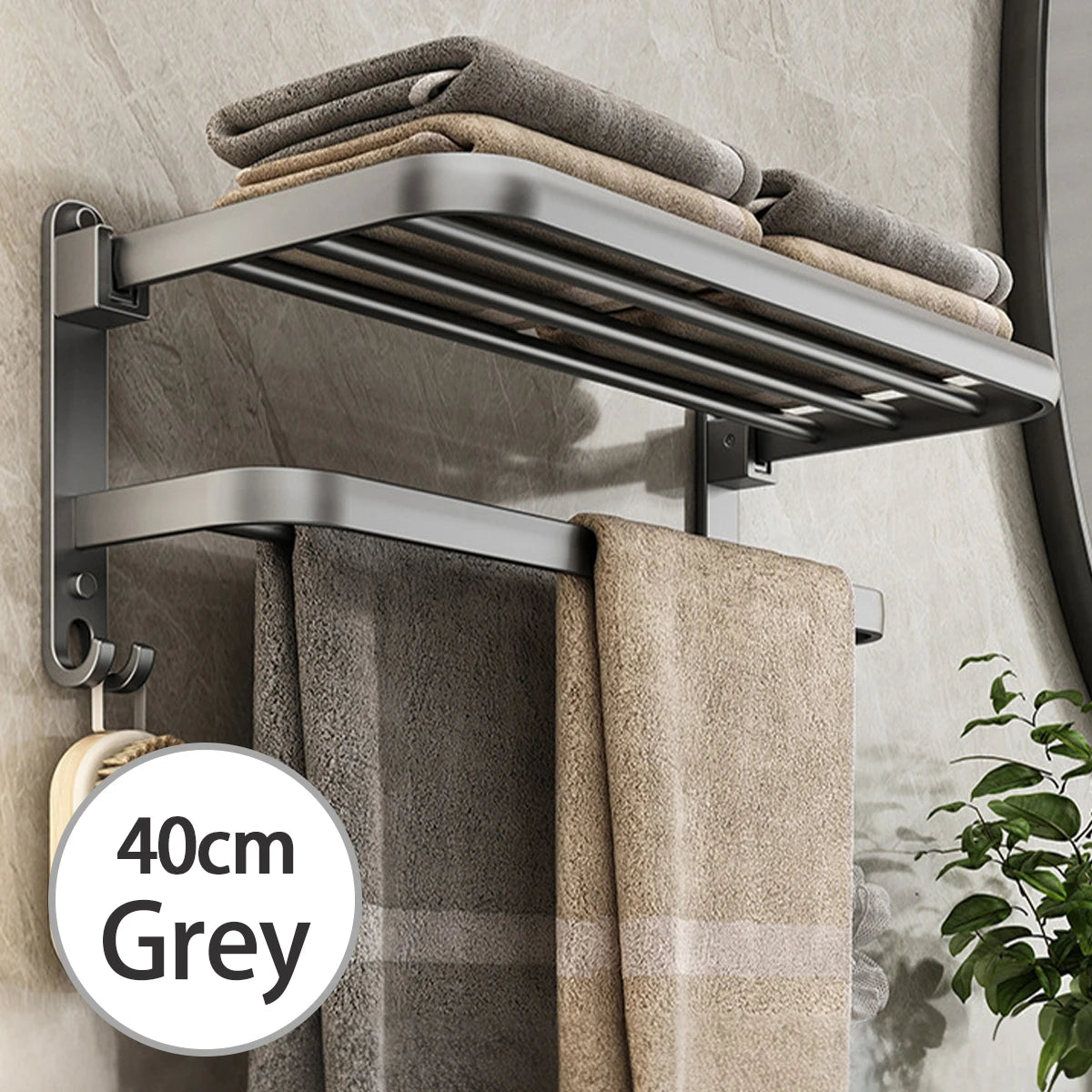Bathroom Lavatory Towel Rack with Double Towel Bars & with HOOKS,19-inch Towel Shelf with Towel Bar,Towel Holder (Black、Gray)