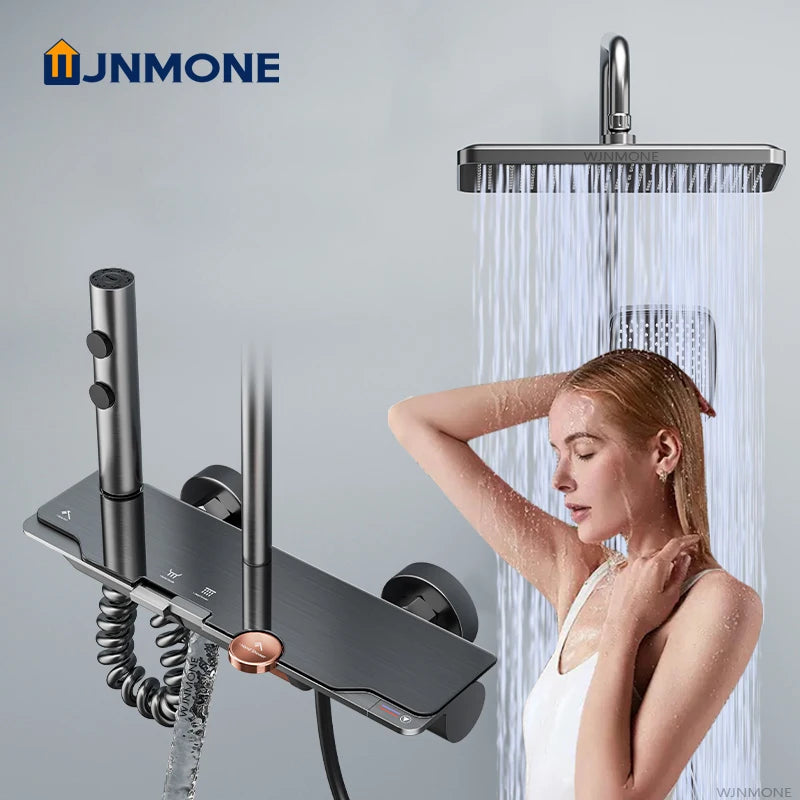 Tempered Glass Panel Rain Bathroom Shower Faucets Set Cold Hot Mixer Taps Rainfall Shower Faucet Complete Bathtub Showers System