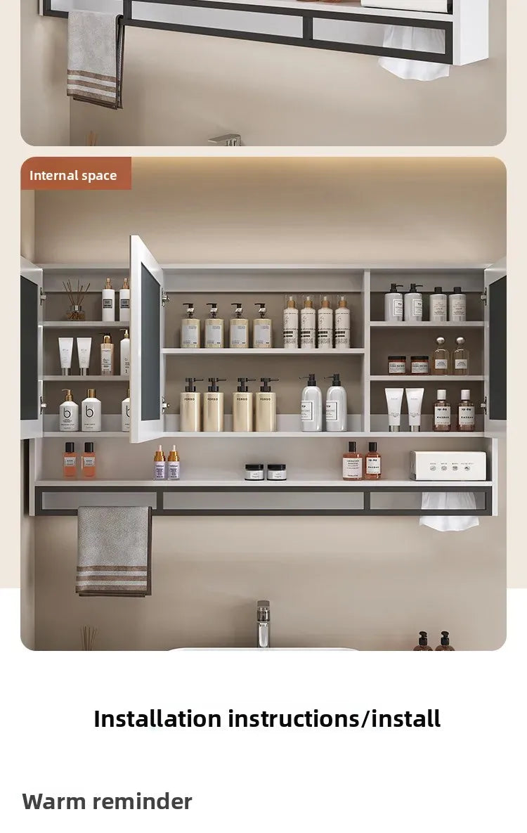 Bathroom Mirror Cabinet Wall Mounted LED Waterproof Aluminum Medicine Cabinet with Storage Shelf Towel Rod for Home Bathroom