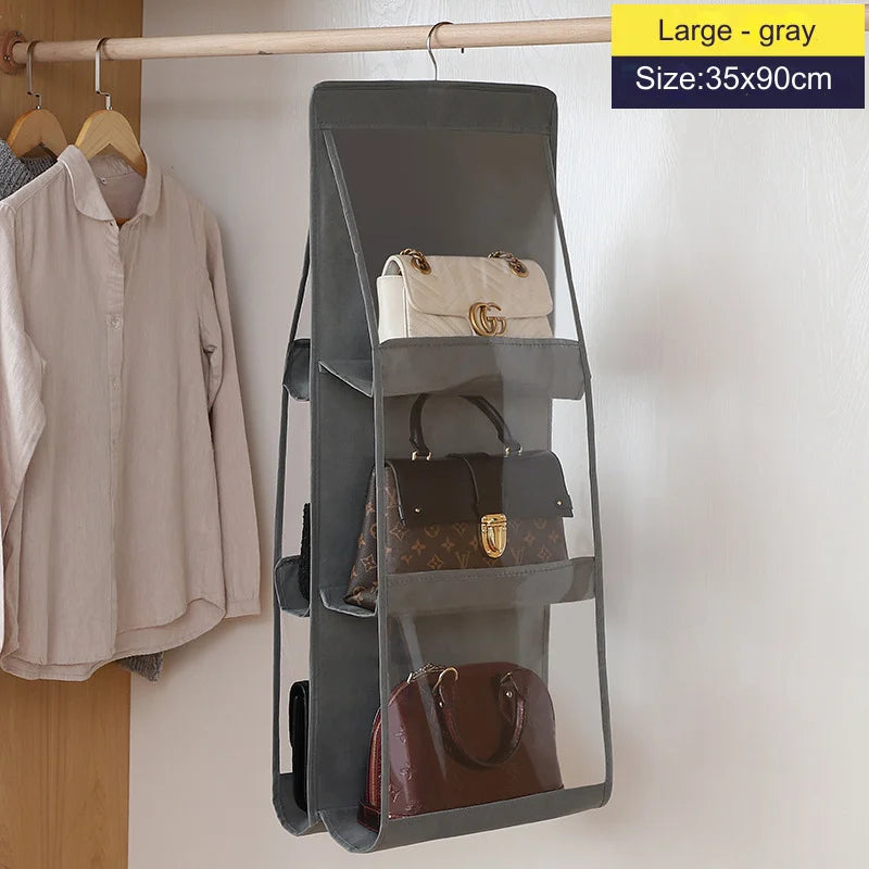 6 Pocket Hanging Handbag Organizer for Wardrobe Closet Transparent Storage Bag Door Wall Clear Sundry Bag with Hanger Pouch