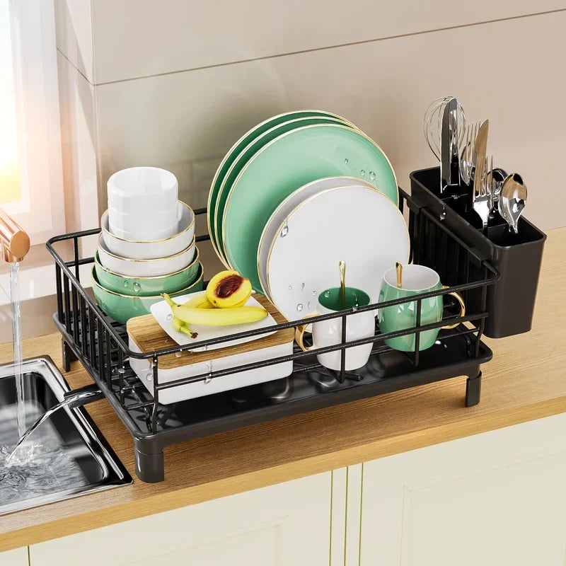 Metal Dish Draining Rack,Cutlery Rack With Drain Tray and Drip Line,Cup Holder,Cutlery Holder,Kitchen Countertop Storage Rack