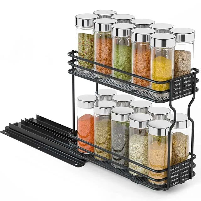 Slide Spice Rack Organizer 2/4-Tier Pull Out Seasoning Rack Kitchen Dining Room Metal Spice Drawer Box Spice Shelf Storage Rack