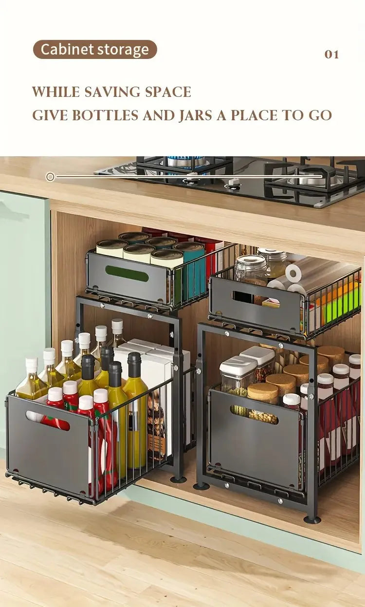 2-Tier Pull Out Cabinet Organizer Drawer Height Adjustable Kitchen Rack for Cabinet Under Sink Organizer Spice Jar Storage Shelf