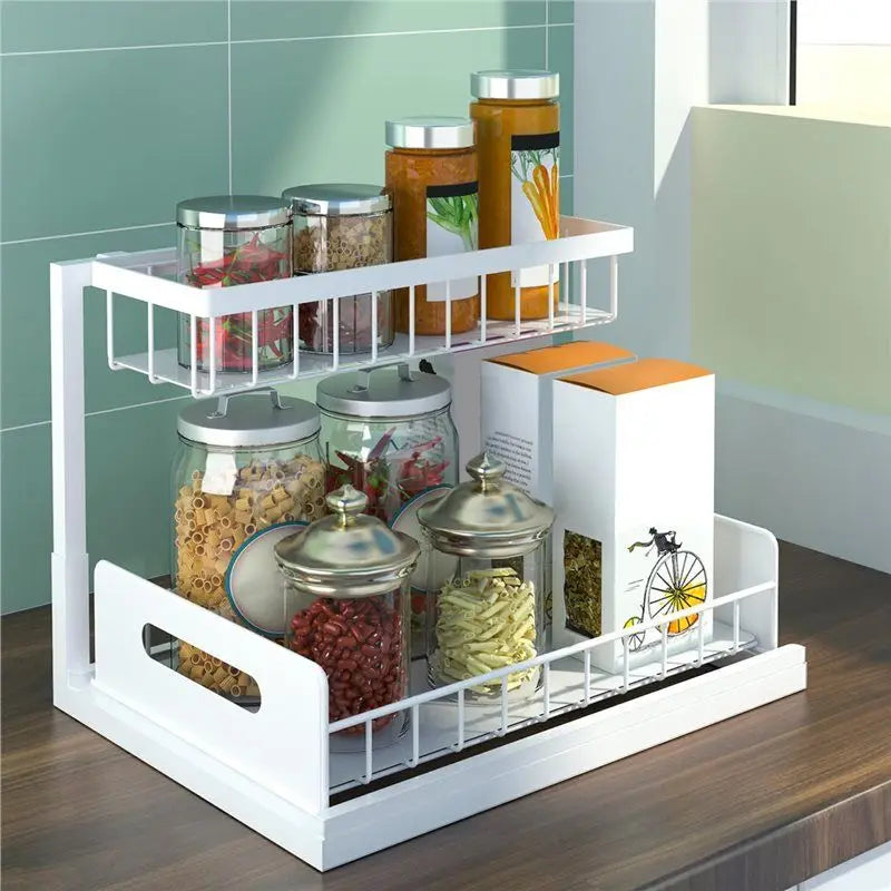 -November Under Sink Organizer 2 Tier Under Sink Storage, Slide Out Pull Out Cabinet Organizer Shelf, Metal Sliding Drawer