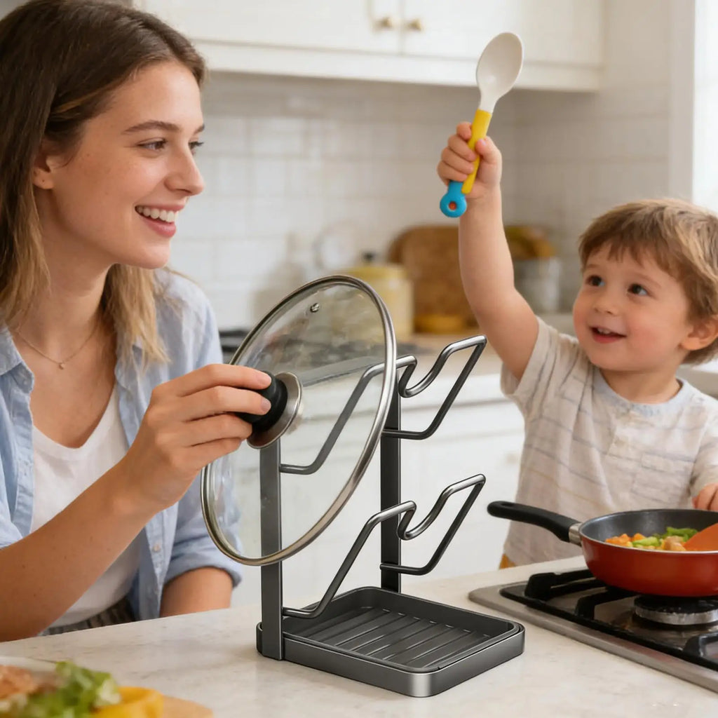 2 Tier Pot Lid Organizer Cutting Board Rack Pan Lid Holder for Kitchen Utensils Spatula Ladle Spoon Countertop Storage Solution