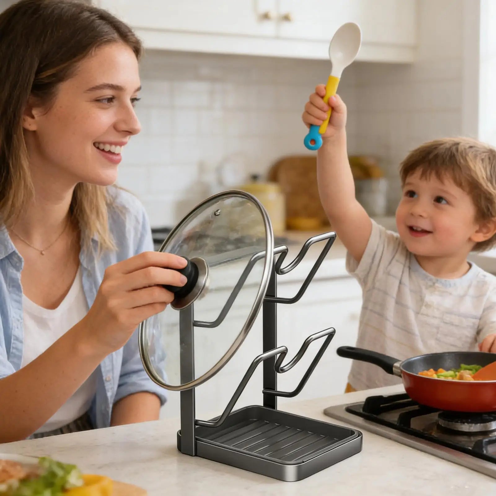 2 Tier Pot Lid Organizer Cutting Board Rack Pan Lid Holder for Kitchen Utensils Spatula Ladle Spoon Countertop Storage Solution