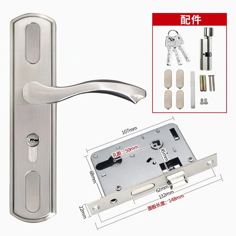 Adjustable Stainess Steel Door Handle lock set Home Security With Keys  Interior Door Lock Hole Size110-190mm