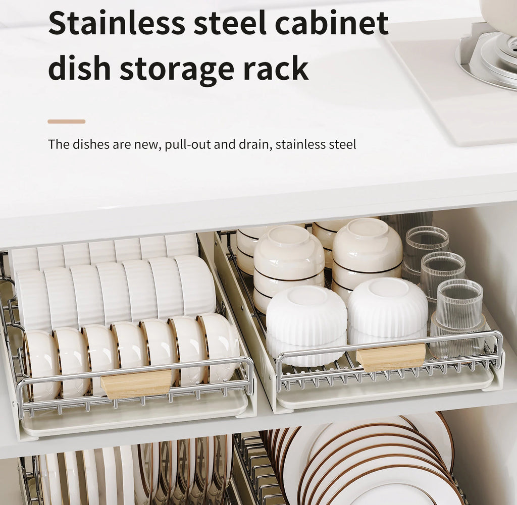 Drawer Wooden Handle Kitchen Dish Storage Rack Divider Dish Pullout Slider Punch-free Drawer Organiser Spice Racks Drainer Shelf