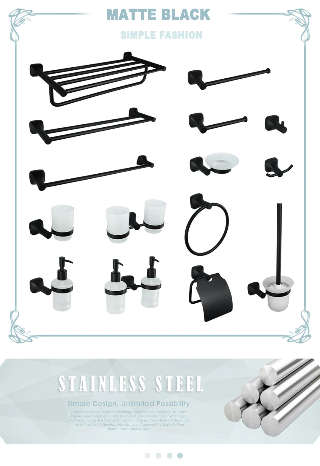 Matte Black Bathroom Accessories Set Wall Mount Stainless Steel Clothes Hook Toilet Paper Holder Towel Bar Hardware Pendant