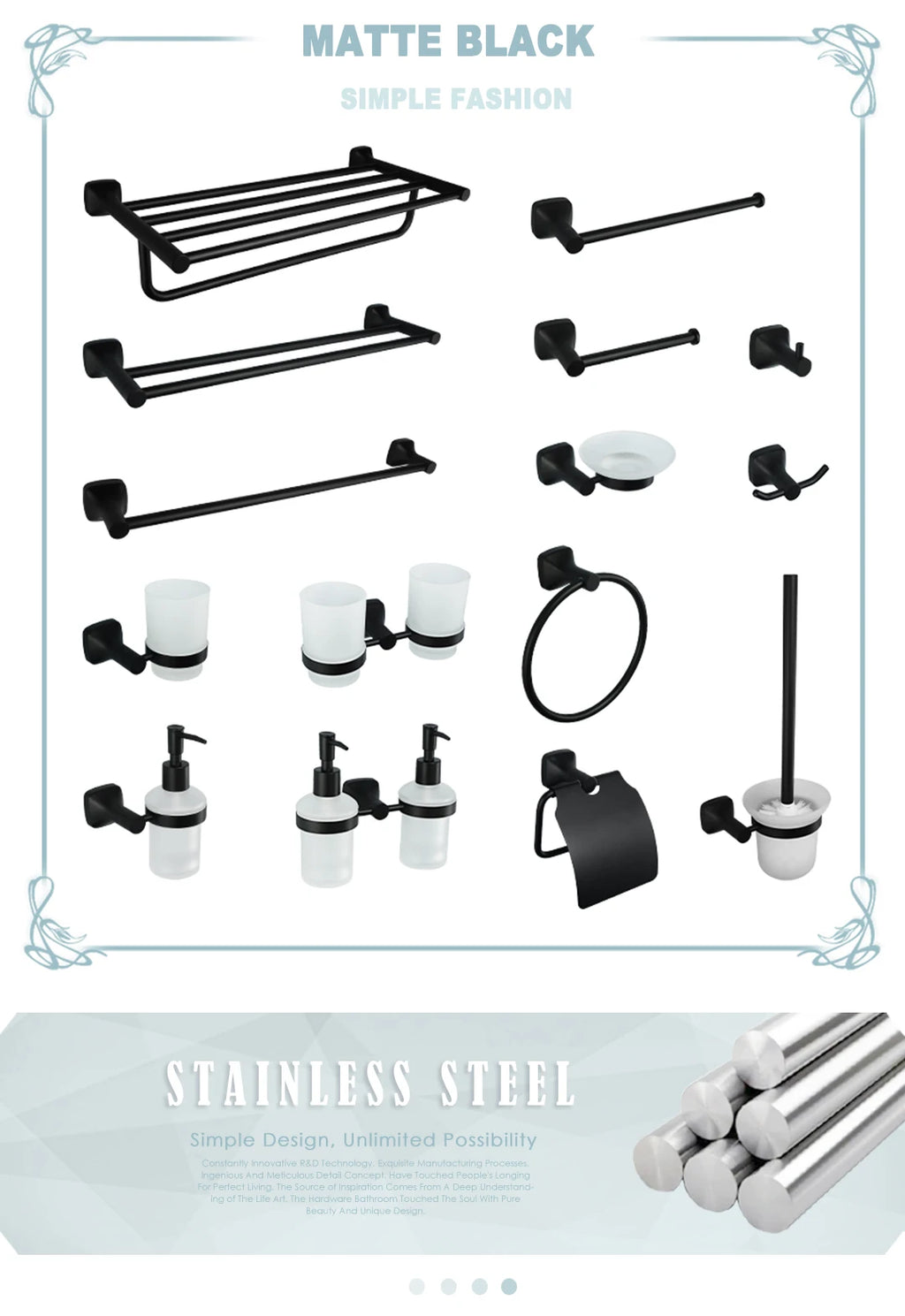 Matte Black Bathroom Accessories Set Wall Mount Stainless Steel Clothes Hook Toilet Paper Holder Towel Bar Hardware Pendant