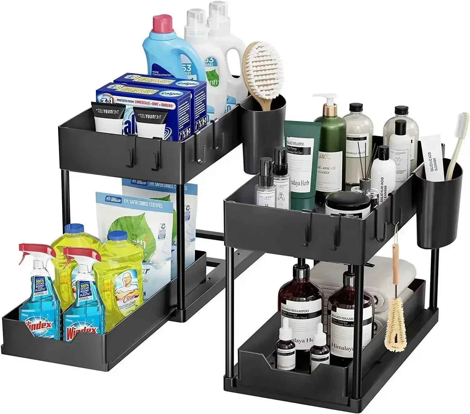 2 Tier Under Sink Organizer Sliding Cabinet  Organizer Storage Rack with Hooks Hanging Cup Bathroom Kitchen Organizer