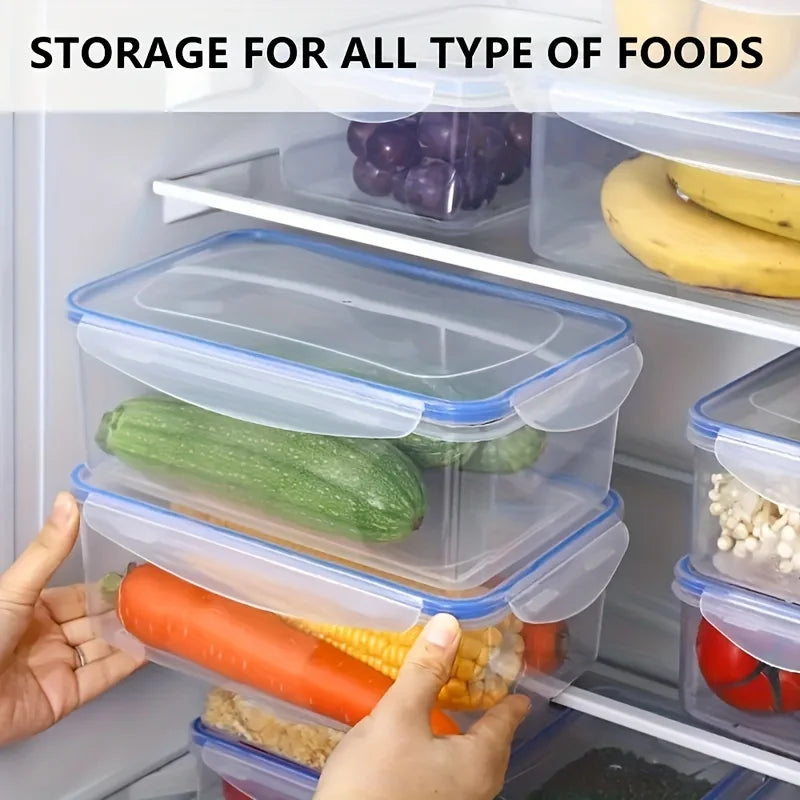 4-piece set of food storage containers, available in multiple sizes suitable for fruits, vegetables, pasta, snacks, and meat