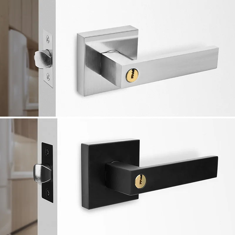 Indoor Door Lock, Aluminum Alloy Handle  Adjustable Room Wooden Door Handle Square Minimalist American Heavy-duty Three Bar Lock
