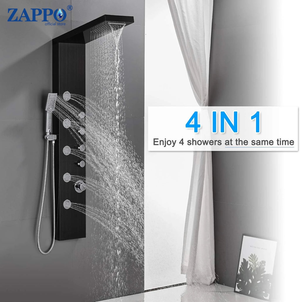 ZAPPO Shower Panel with Rainfall Waterfall Shower Head 5 Body Jets and 3-Function Handheld Rain Massage System Shower Column Tap