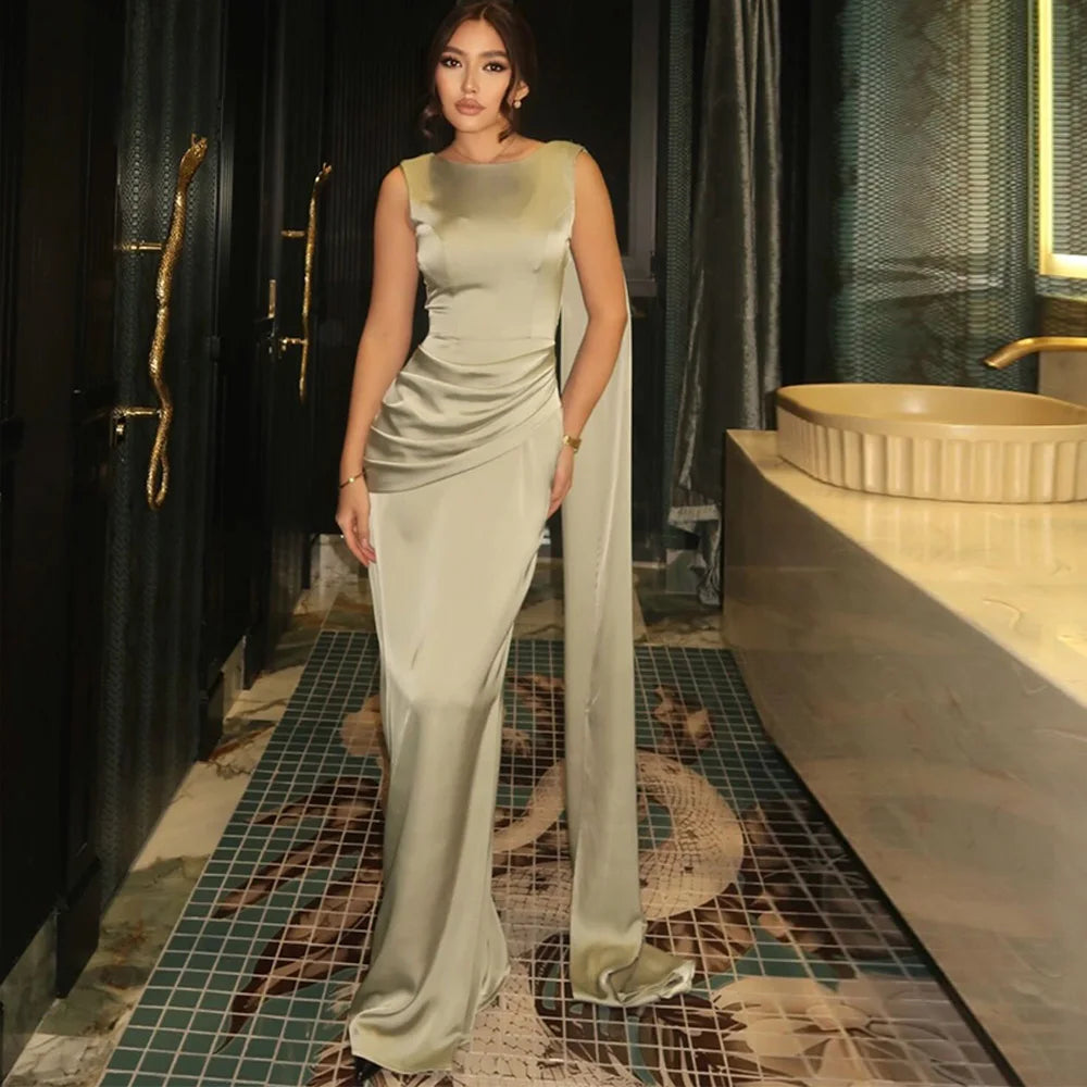 Classic Sleeveless O-Neck Party Dress Elegant Mermaid Satin Customized Evening Dresses Modern Backless Ruched Celebrity Gowns