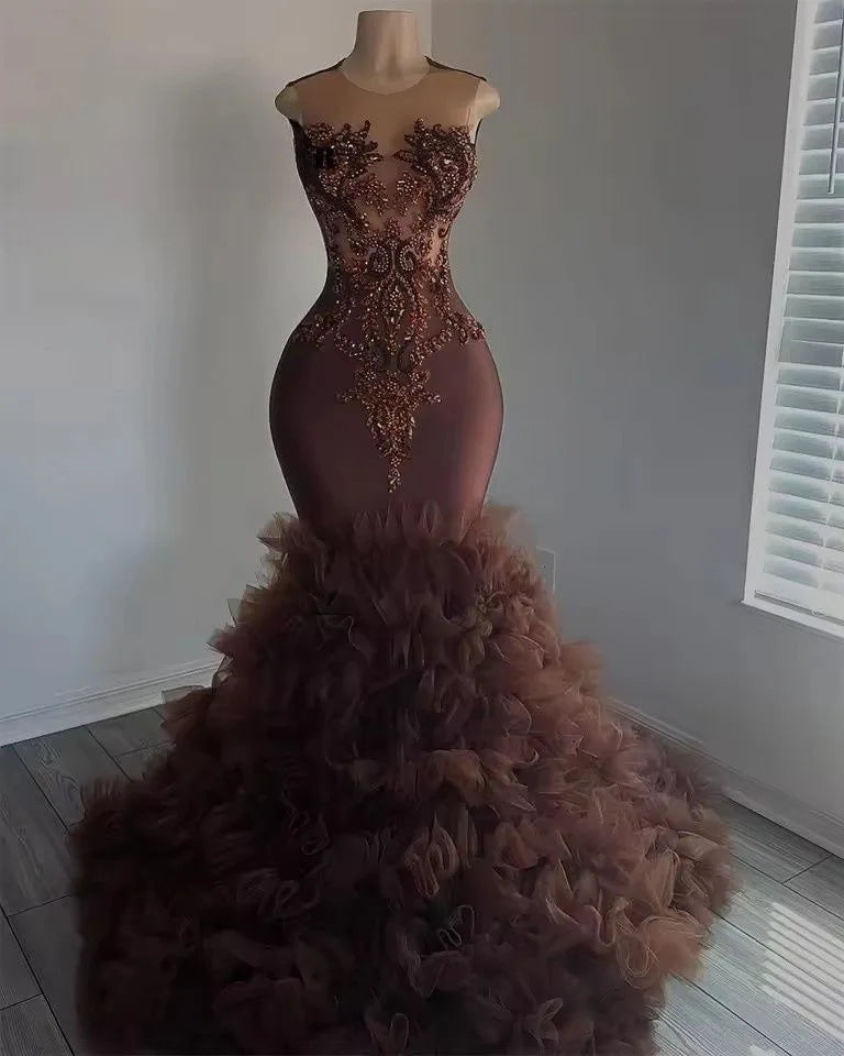 Brown Beaded Prom Dresses Luxury Black Girls Mermaid Diamonds Ruffles Buttom Wedding Party Birthday Graduation Evening Gown