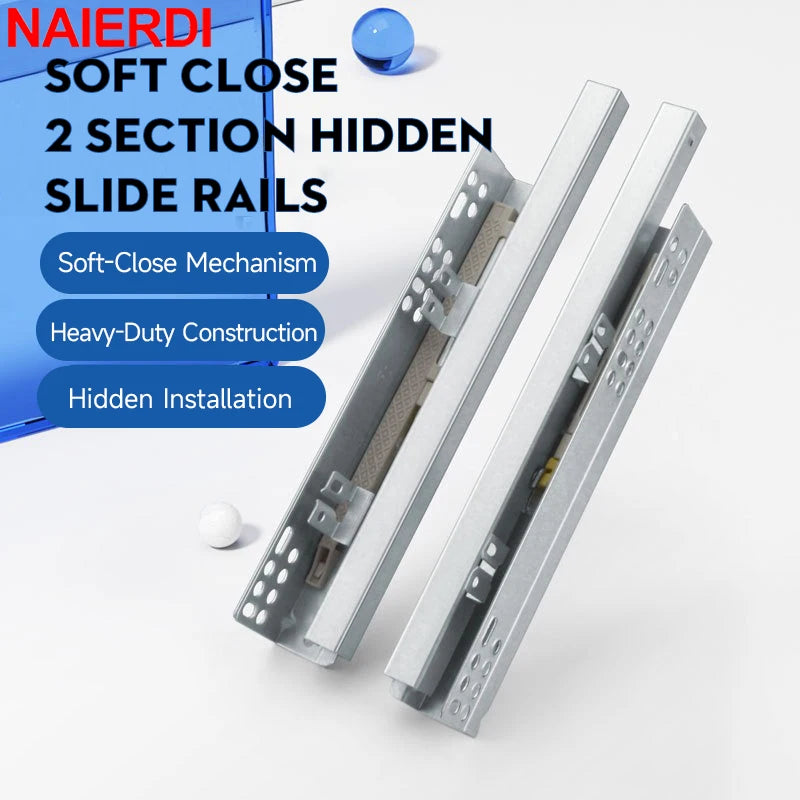 NAIERDI 1Pair 10"-20" Under Mount Hydraulic Drawer Slides Rails Soft Close 2 Section Damper Buffer Hidden Tracks Drawer Rails