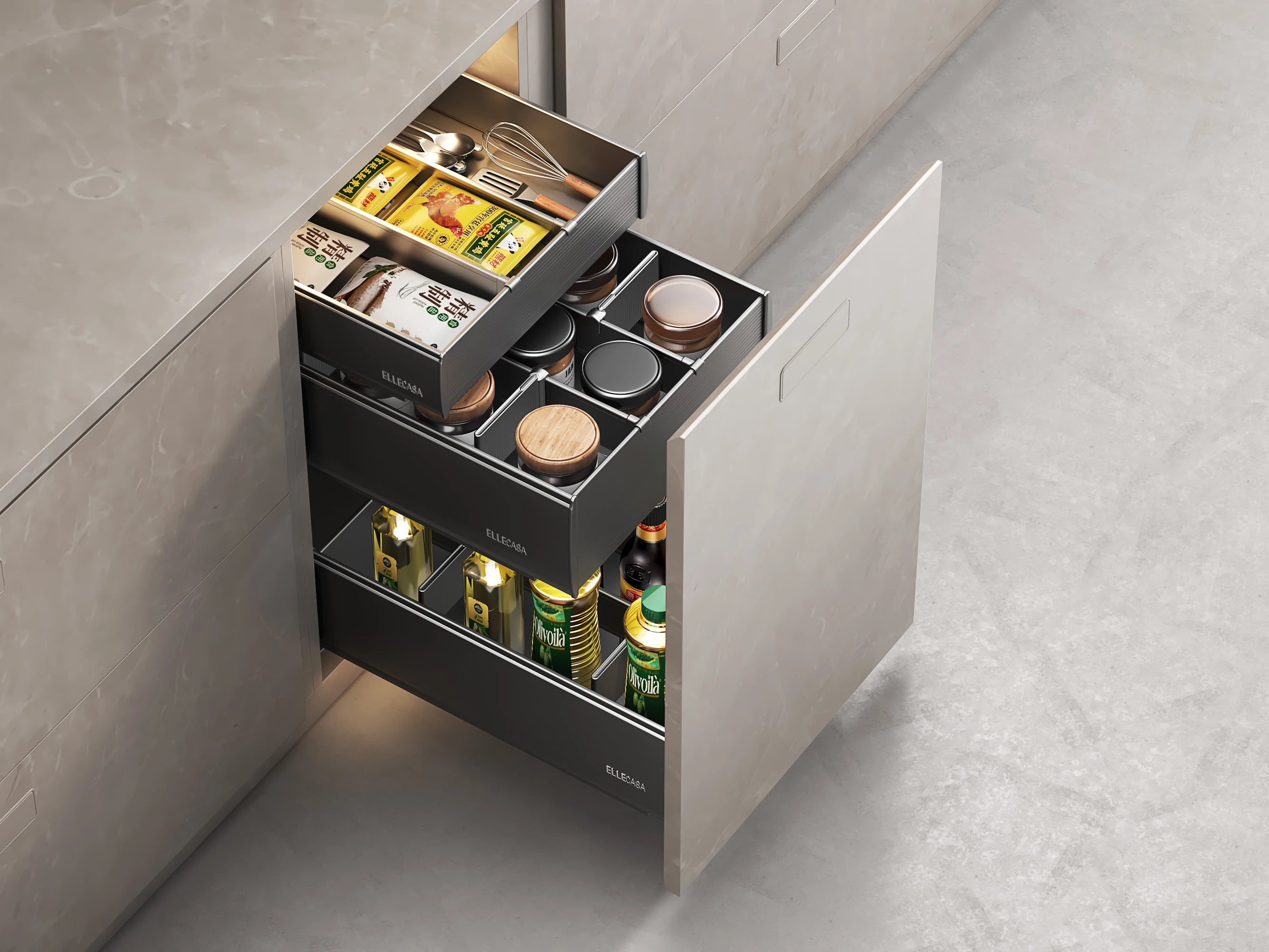 Elba 3-Layer Premium Stainless Steel Pull-Out Spice Rack Durable Basket Drawers for Efficient Cabinet Storage Solution