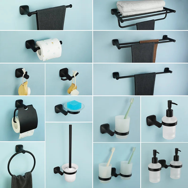 Black Bathroom Accessories Stainless Steel Wall Mounted Bath Towel Holder Robe Hook Toilet Brush Paper Towel Holder Pendant