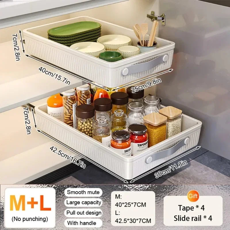 Kitchen Drawer Storage Rack with Slide Rails Pull-out Cabinet Organizer Free Installation Non Punched Easy To Clean Storage Box