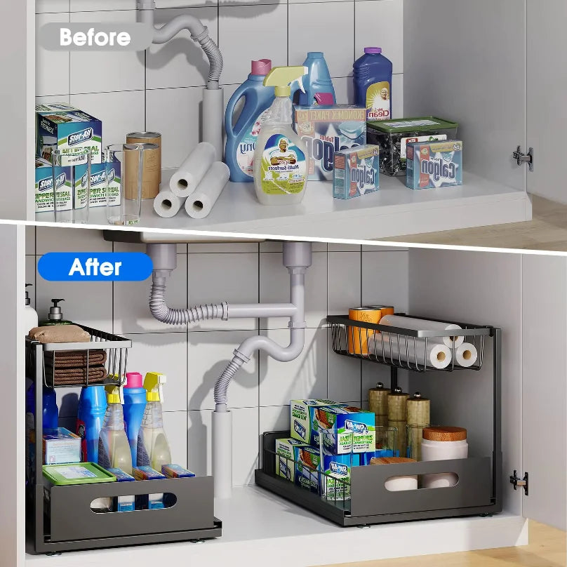 Under Sink 2 Tier Sliding Cabinet Basket Organizer Drawer Pull Out Cabinet Multi-Purpose  Sink Organizer for Bathroom Kitchen