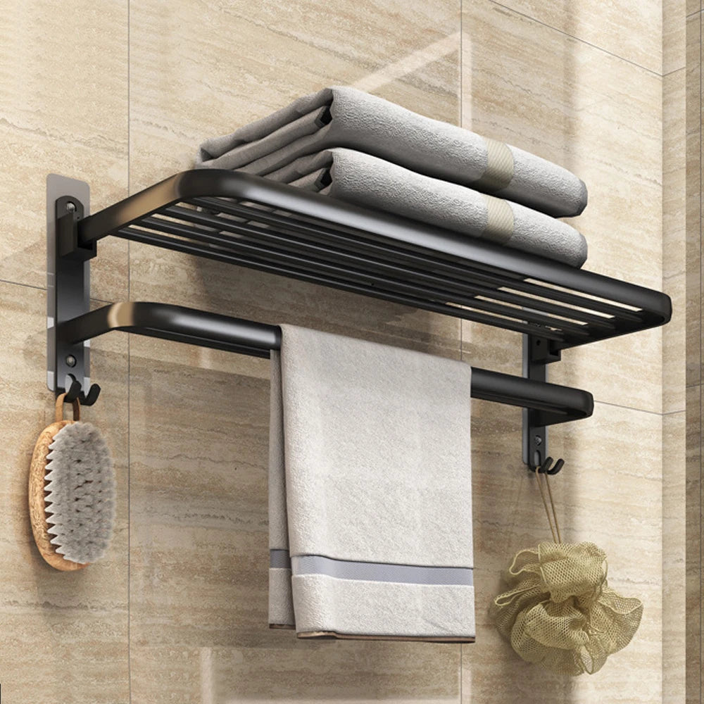 Bathroom Lavatory Towel Rack with Double Towel Bars & with HOOKS,19-inch Towel Shelf with Towel Bar,Towel Holder (Black、Gray)