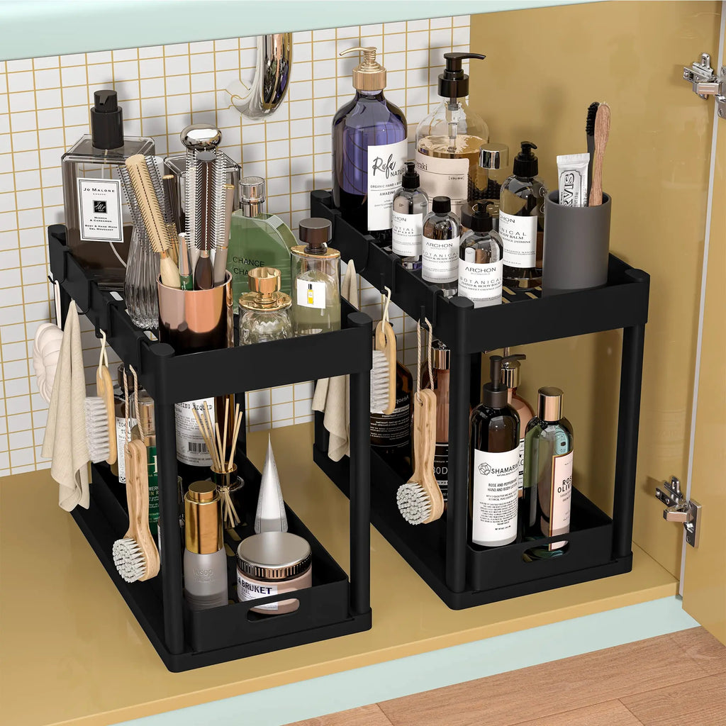 2 Tier Under Sliding Cabinet Basket Organizer Drawer with 4 Hooks, Multi-Purpose Under Sink Storage for Bathroom Kitchen Desktop