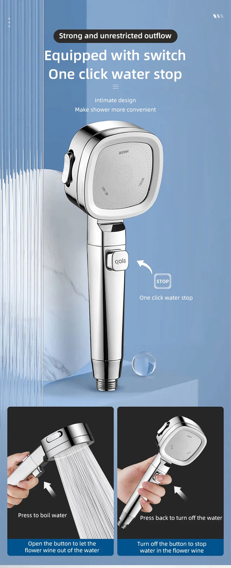 Bathroom Booster Shower Head with Filter, 3 Modes Adjustable Spray, Large Flow High Pressure Handheld Shower Head, Silver Shower