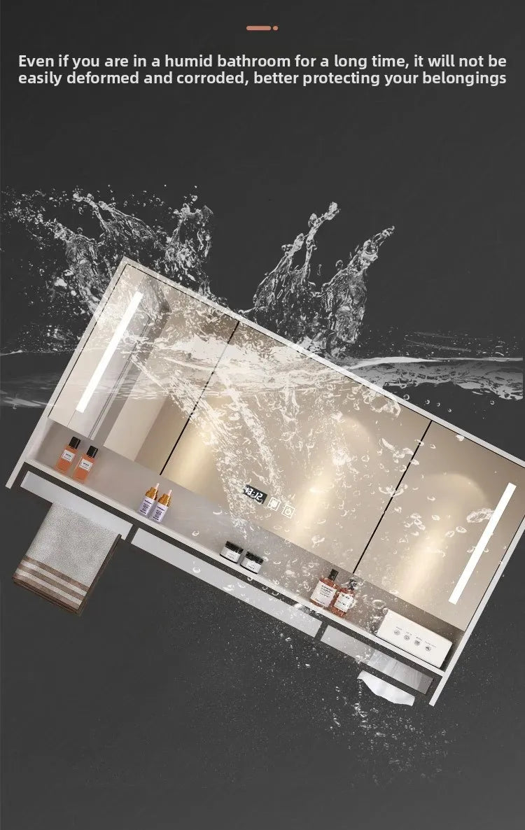 Bathroom Mirror Cabinet Wall Mounted LED Waterproof Aluminum Medicine Cabinet with Storage Shelf Towel Rod for Home Bathroom