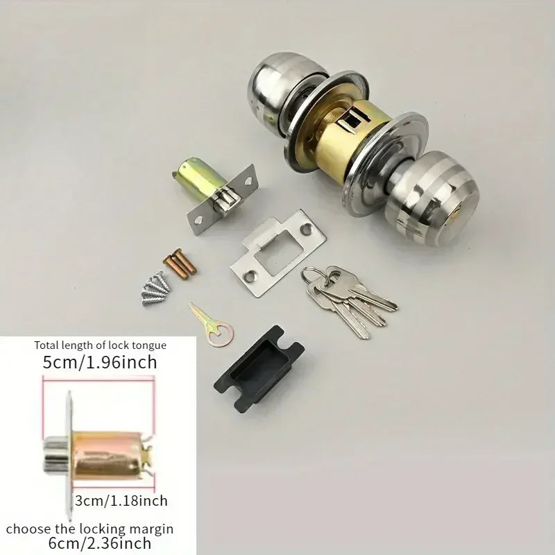 Home  Armored Door Handle With Lock For Room Accessories Stainless Steel Knobs Safety Round Entrance Bedrooms Doorknob Articles