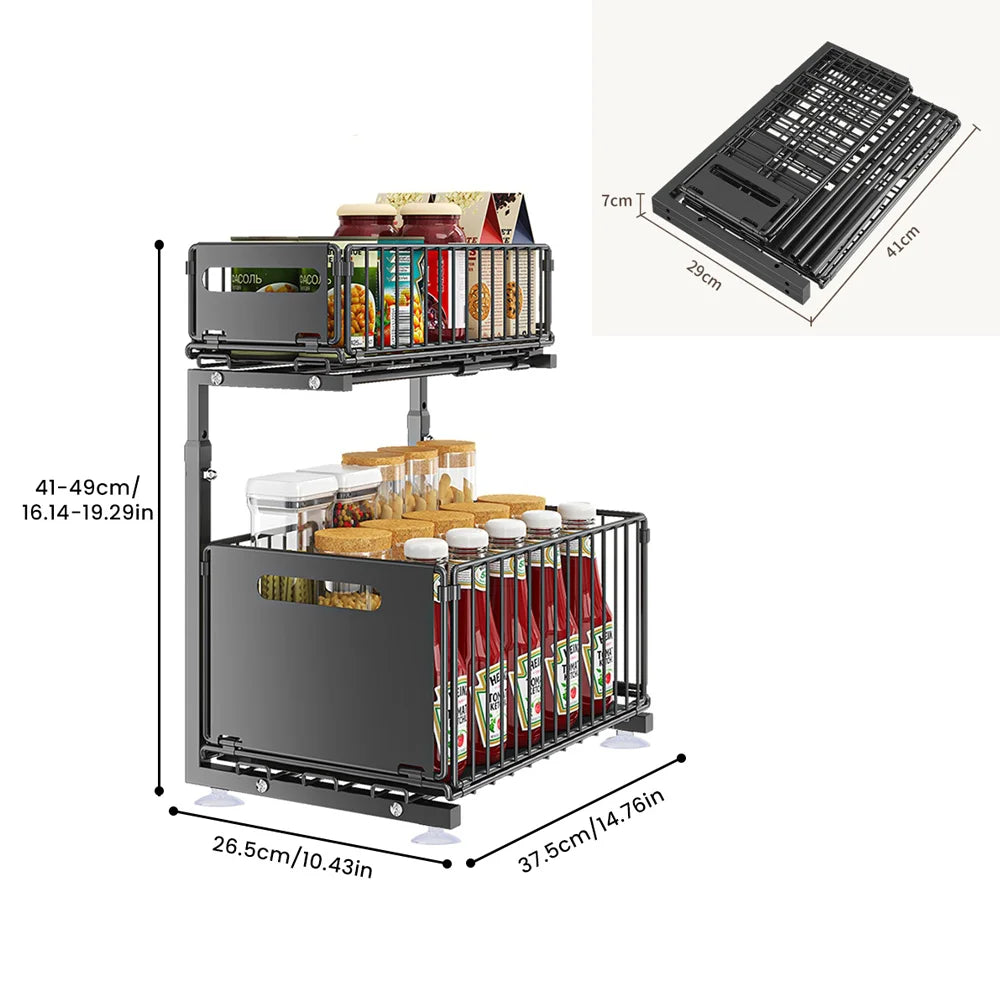 2-Tier Pull Out Cabinet Organizer Drawer Height Adjustable Kitchen Rack for Cabinet Under Sink Organizer Spice Jar Storage Shelf