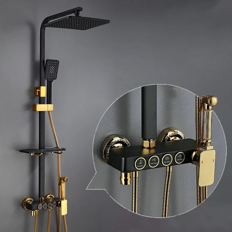Thermostatic Bathroom Shower Set White Gold Bathroom Faucet Accessories 12 Inch Rain Shower Head Hot Cold Bathroom Shower System