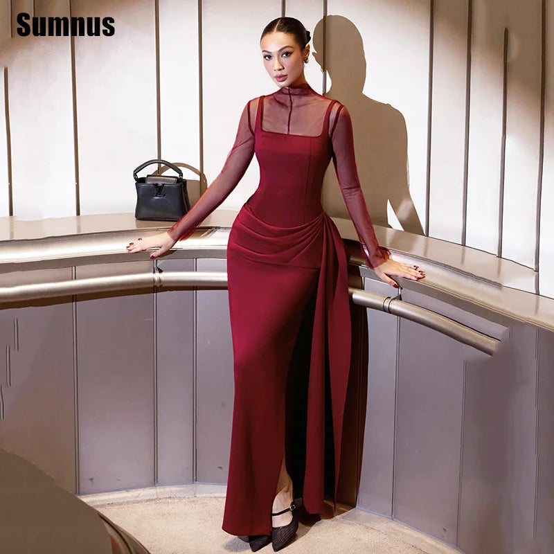 Sumnus Elegant Burgundy Mermaid Prom Dresses Square Collar Pleats Side Slit Maxi Formal Dresses فساتين سهرة Customized