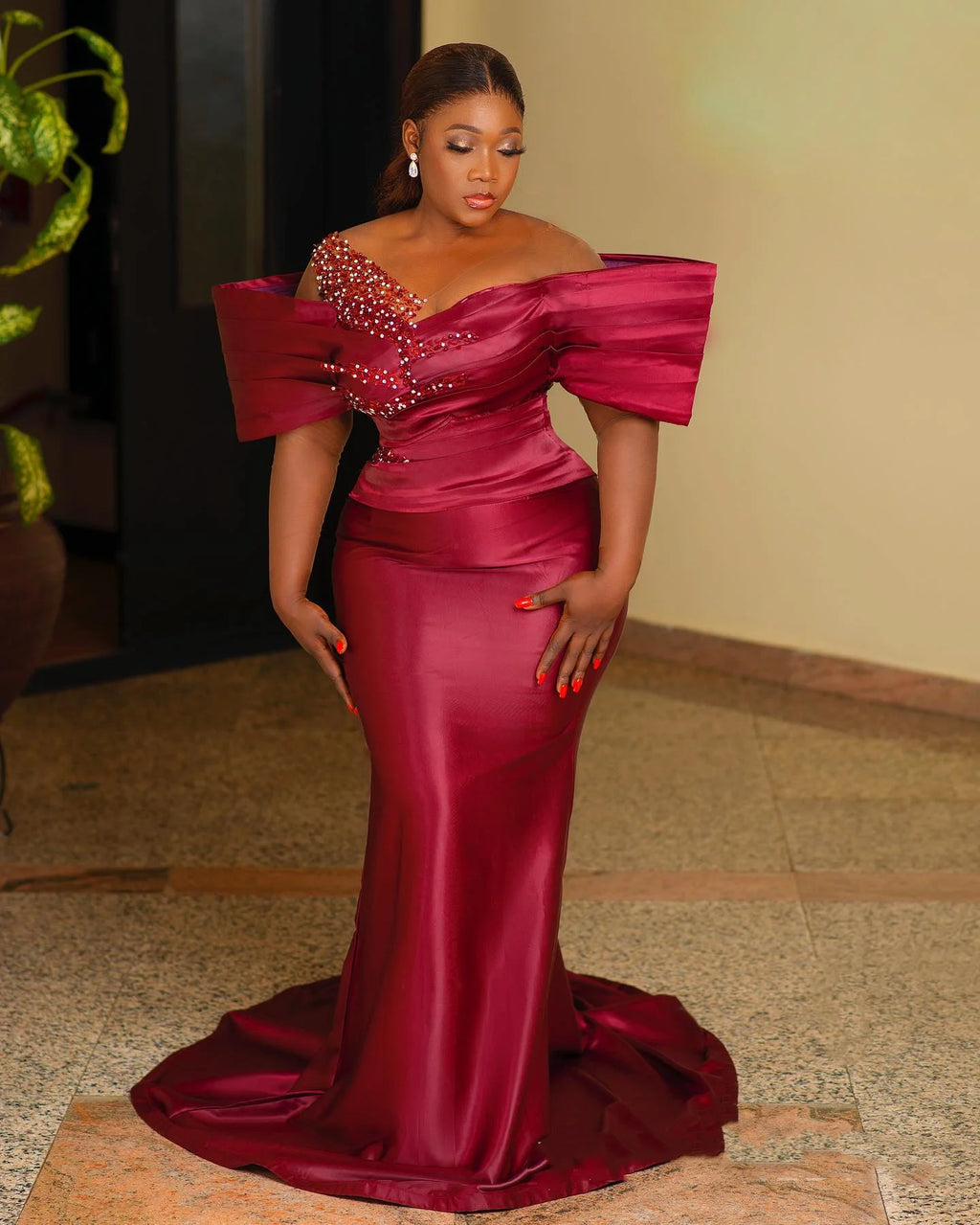Burgundy Red Mermaid Evening Dress Beaded Satin Ball Dress Phantom Birthday Dress Engagement Party Dress Customization