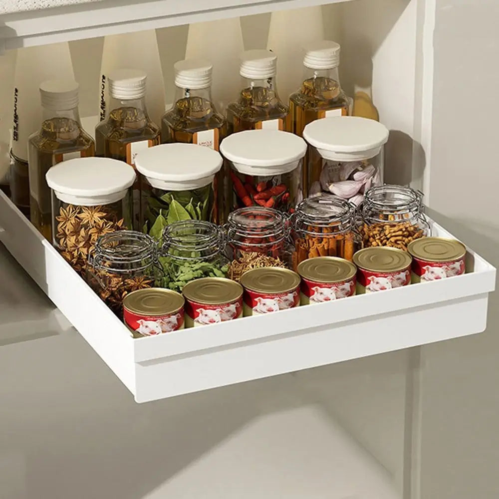 Pull-out Kitchen Storage Rack Large Capacity Plastic Spice Box Storage Rack with Slide Rails Anti-slip Drawer Type Storage Tray