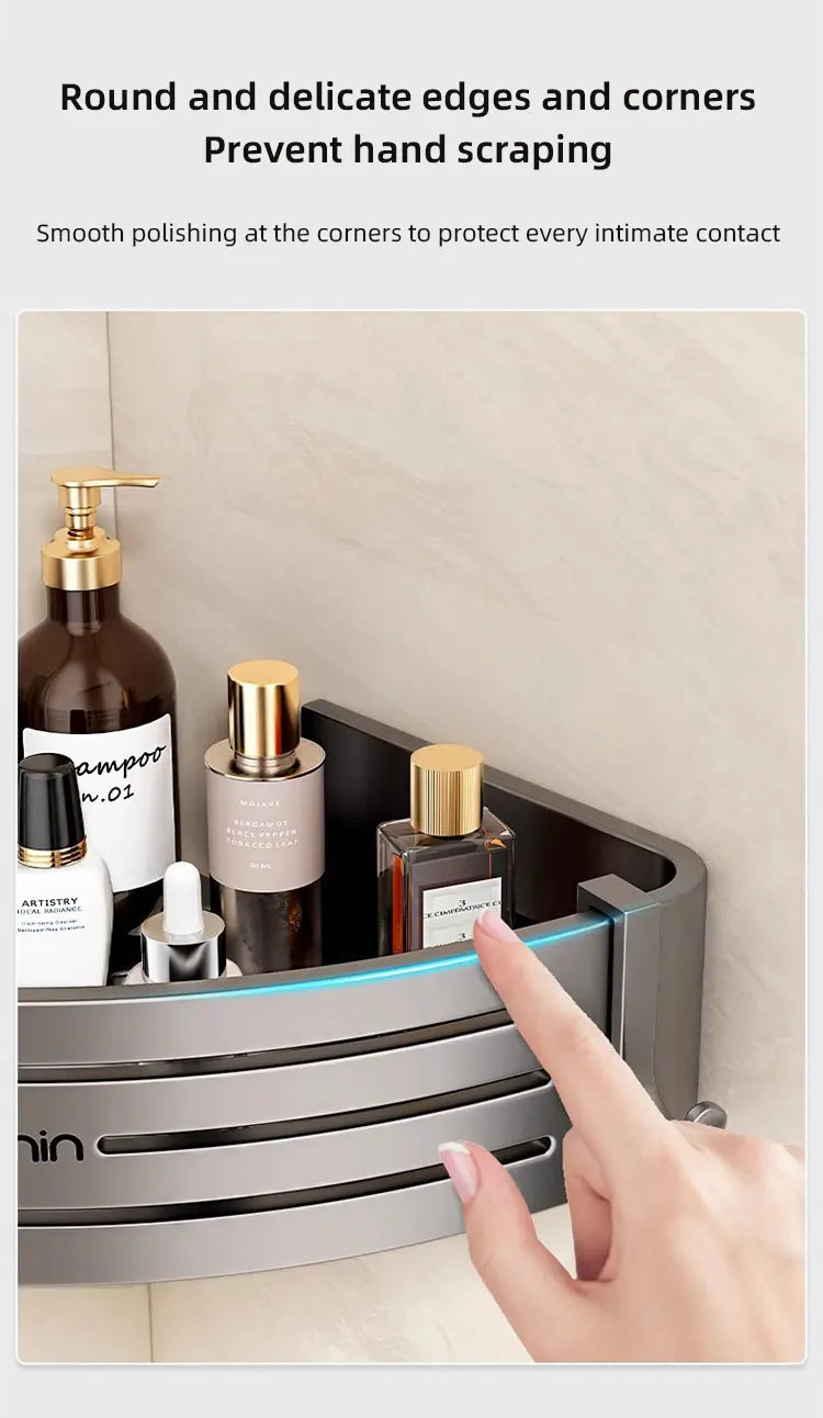 Wall Mounted Bathroom Shelves Shower Corner Shelf with Towel Bar Hook Space Aluminum Shampoo Holder Kitchen Organizer Rack
