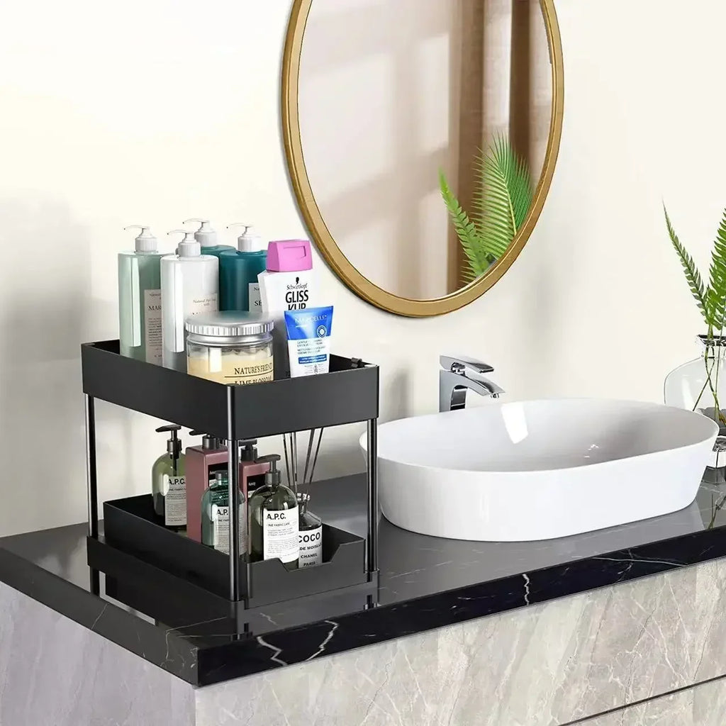 Under Sink Organizer Sliding Cabinet Basket Organizer Storage Rack with Hooks Hanging Cup Bathroom Kitchen Organizer
