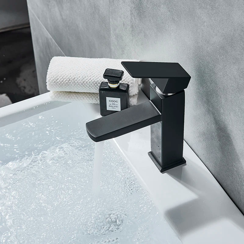 Square Sink Mixer Tap Bathroom Washbasin Mixer Tap Single Handle Pop Up Drain  Matte Black Basin Faucet Deck Mounted