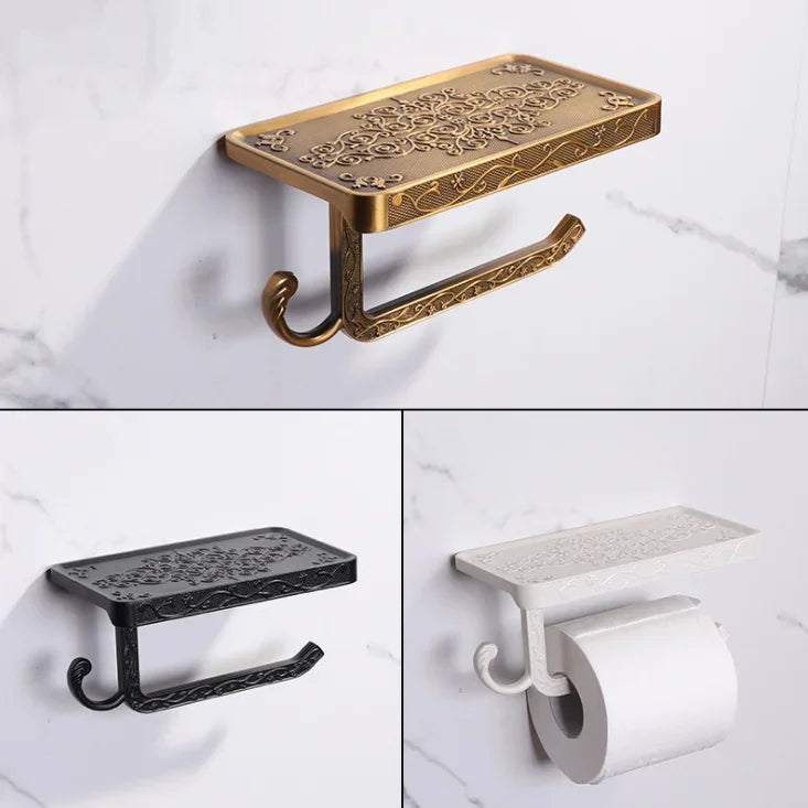 Bathroom Hardware Set  White Paper Mobile Phone Holder Space Aluminum Antique Roll Holder with Shelf Toilet Paper Box Wall Mount